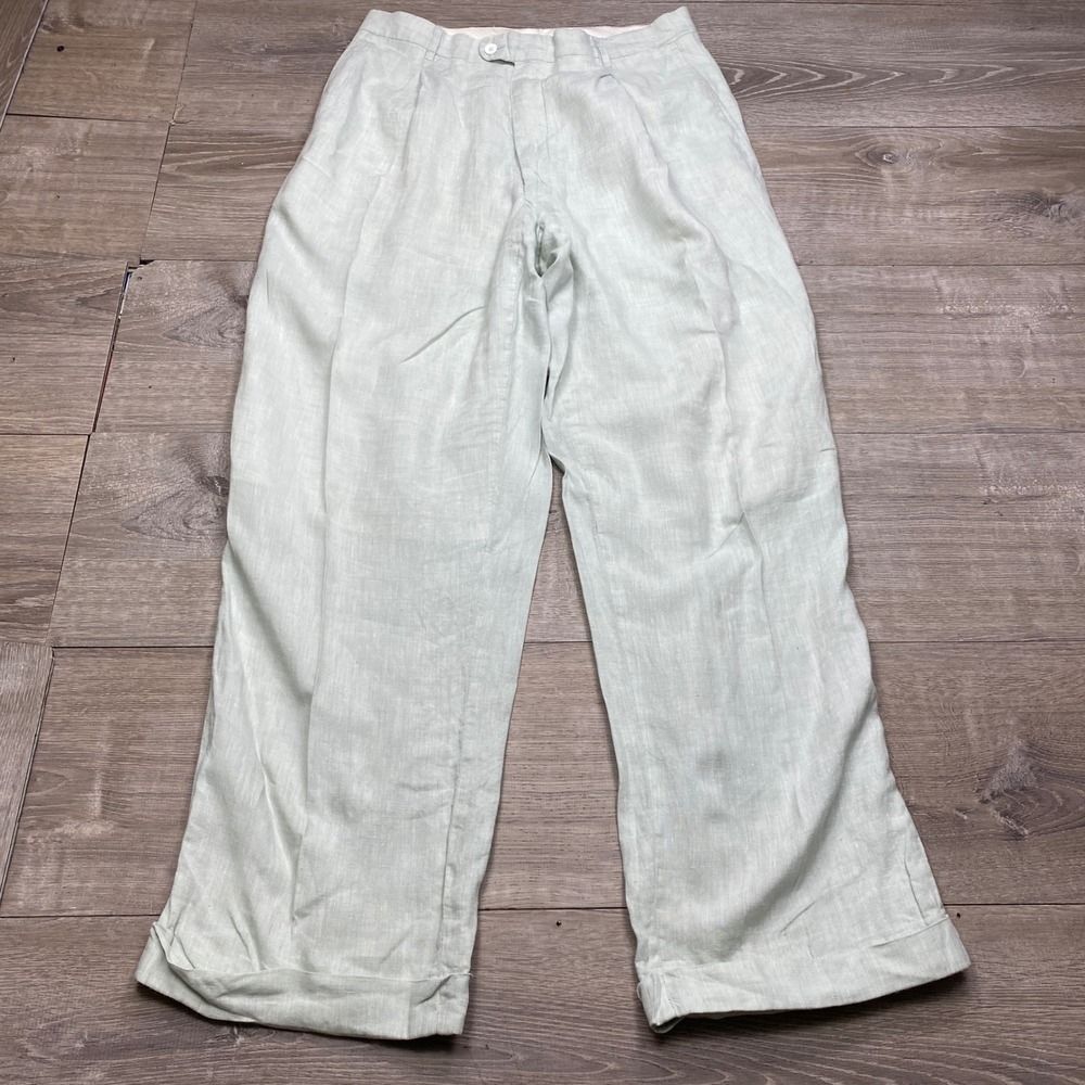 Inserch Dress Pants Mens 38x32 Green 100% Linen Pleated Cuffed Summer Beach